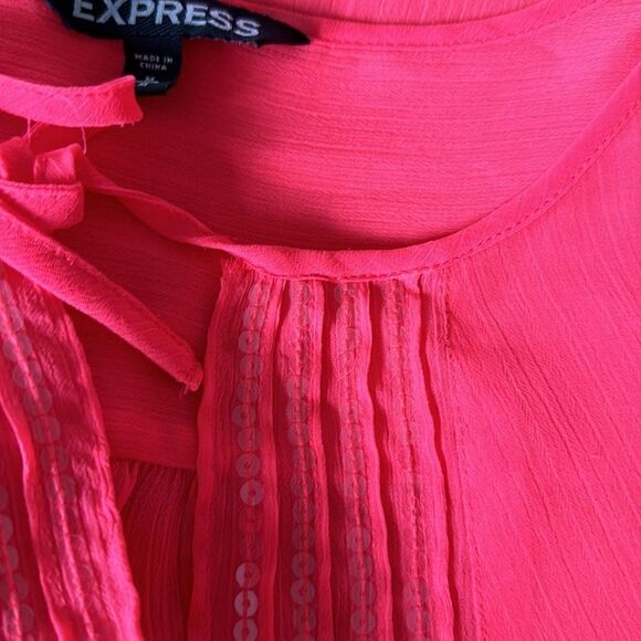 Express day glo orange sheer tuxedo pleat clear sequin bodice roll sleeve top. M - Picture 8 of 8